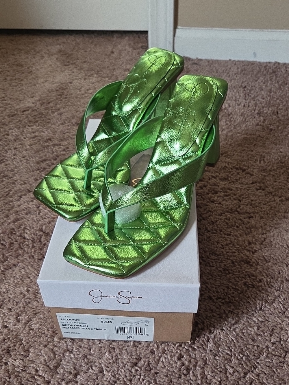 Jessica Simpson Metallic Lime Green Quilted Thong Heel